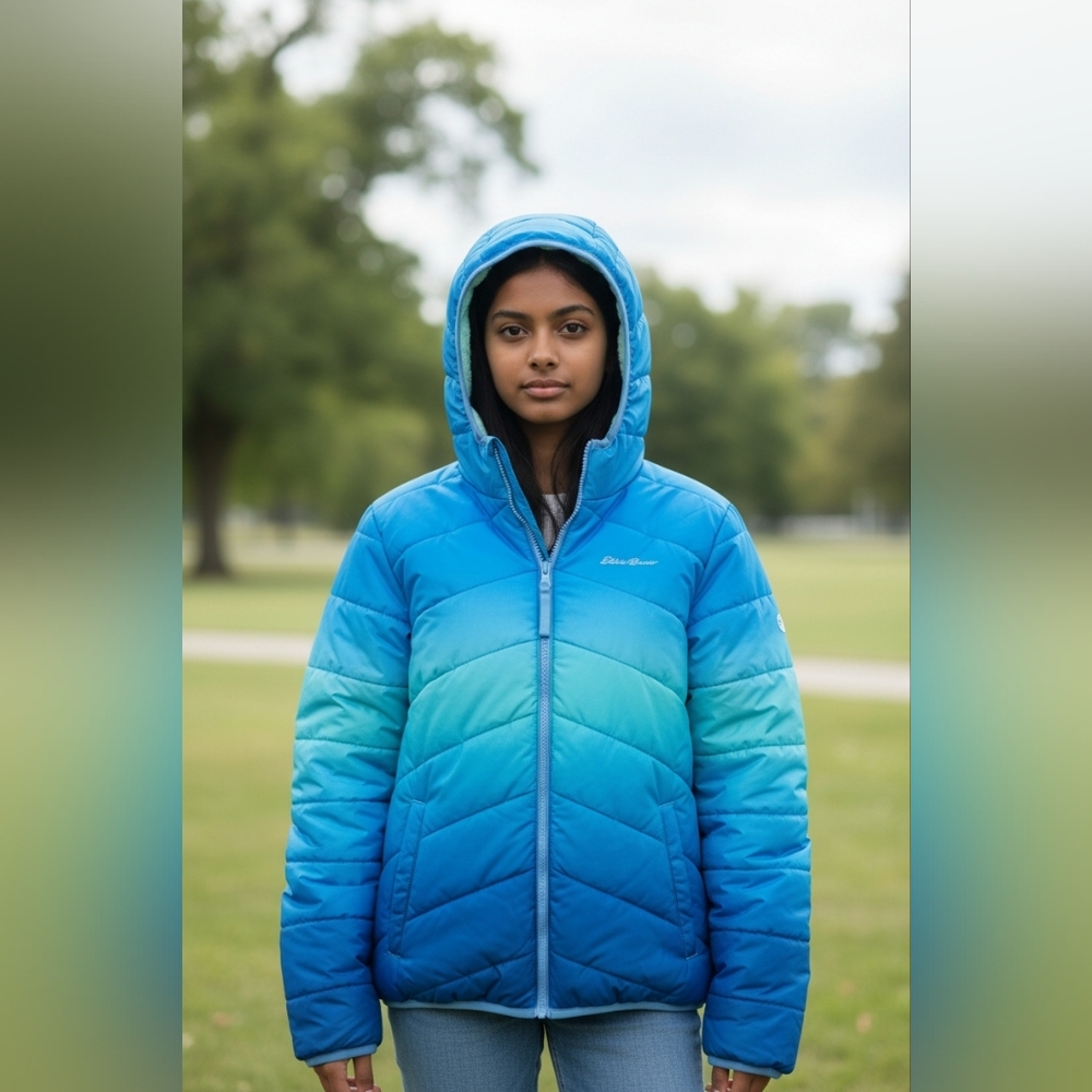 Eddie Bauer Kids Reversible Puffer Jacket Blue Ombre Faux Fur Hooded Coat Size L